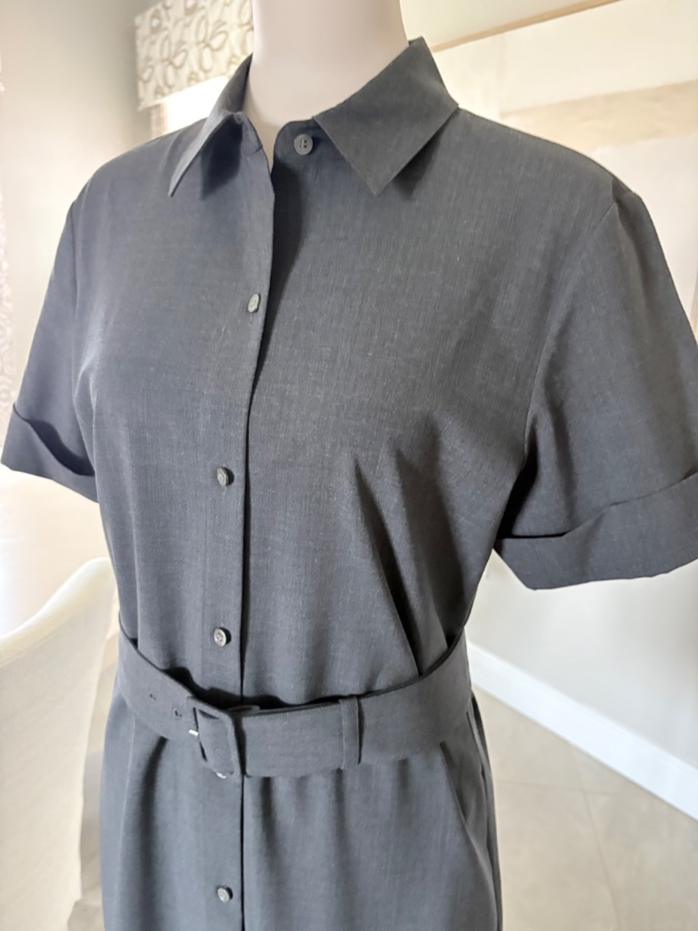 NWT Theory Short Sleeve Belted Charcoal Melange Traceable Wool Dress - Picture 2 of 6